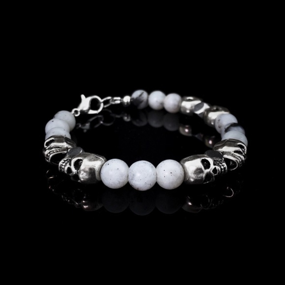 💀Silver Skull Labradorite & Hematite Men’s Beaded Bracelet Handmade Jewelry 8mm - Picture 2 of 5